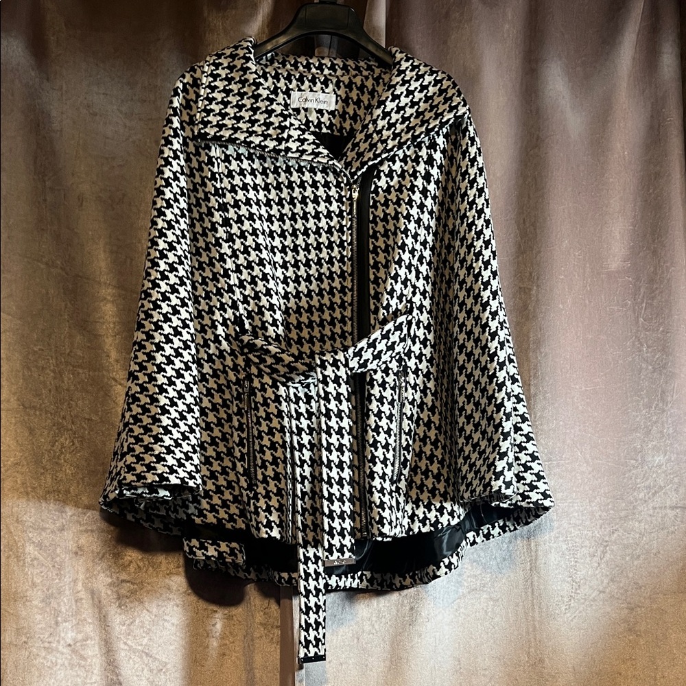 Calvin Klein Chic Belted Houndstooth Cape Coat with Zip Closure Size L/XL - Picture 10 of 14